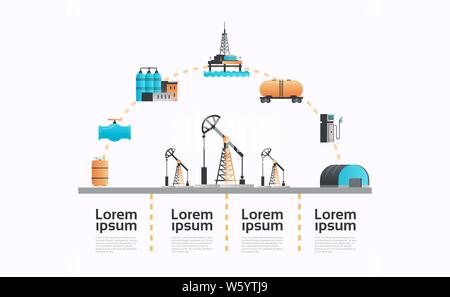 Pompa olio infographics icona modello produzione di estrazione di olio di trasporto di attrezzature per il settore dei combustibili fossili produzione concetto orizzontale piana copia Illustrazione Vettoriale