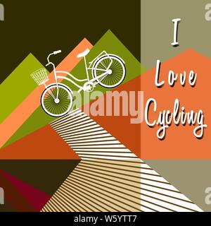 Bicicletta con cestello aziona verso il basso. Montagna stilizzata silhouette. Pista ciclabile. Lettering - io amo il ciclismo. Alla moda stile piatto. Design per ciclismo club, c Illustrazione Vettoriale