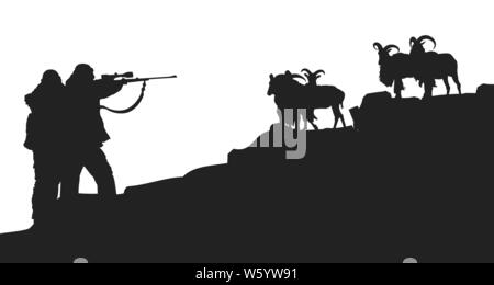 Illustrazione Vettoriale. Cacciatori di fucile rivolto a un gruppo di capre in una montagna. Silhouette. Illustrazione Vettoriale