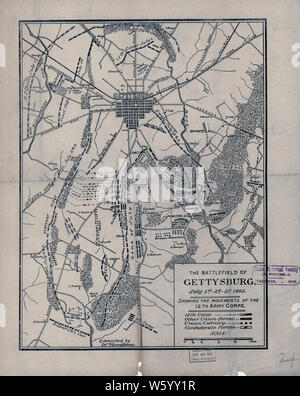 La guerra civile mappe 1751 il campo di battaglia di Gettysburg 1 Luglio 2d 3d 1863 che mostra i movimenti del XII Corpo d'Armata ricostruire e riparare Foto Stock