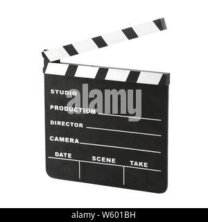 Classic Hollywood chalk clapperboard angolato a destra aperta isolata su uno sfondo bianco con tracciato di ritaglio Foto Stock