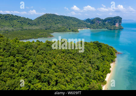 Antenna fuco vista della splendida e lussureggiante verde isole tropicali con telecomando, alloggiamenti vuoti e le spiagge Foto Stock