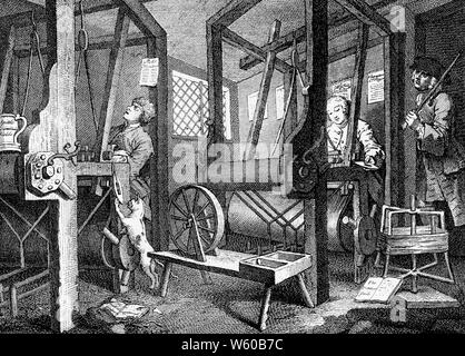 Piastra i: I compagni 'Prentices at their looms', 1747. Di William Hogarth (1697-1764). 'Industria e idleness' è il titolo di una serie di 12 incisioni di William Hogarth, che intendono illustrare ai bambini che lavorano le possibili ricompense del duro lavoro e della diligenza e dei disastri sicuri che assistono ad una mancanza di entrambi. Foto Stock