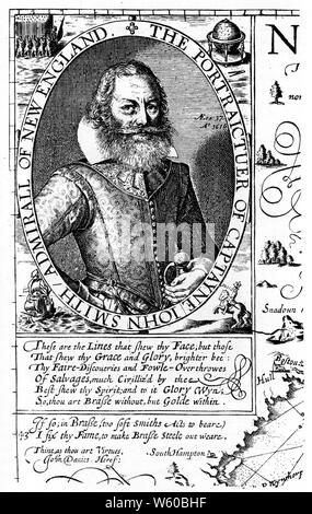 Capitano John Smith (1580-1631), 1624. Capitano John Smith (1580-1631), soldato inglese, esploratore, governatore coloniale, ammiraglio del New England, e autore. Dalla mappa del New England in 'The Generall Historie of Virginia, New England, and the Summer Isles' del Capitano John Smith (spesso abbreviato in 'The Generall Historie'), 1624. Foto Stock