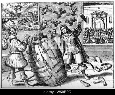 Un olandese satirizing di lato allargato Richard Cromwell, c1659. Richard Cromwell (centro) è mostrato come un cooper che indossa una pelle di leone, con gli strumenti di rame ai suoi piedi, distruggendo con un martello un barile da cui bespectacled gufi che portano brucianti candele fuga. A sinistra una figura di Picklearinghe, il pagliaccio, alzando le braccia; sullo sfondo due immagini, a sinistra, che mostrano la favola di Aesop 'i rane e il Re Stork', a destra un proclama di stato che si svolge in un cortile con le braccia del Commonwealth sopra un arco. Foto Stock