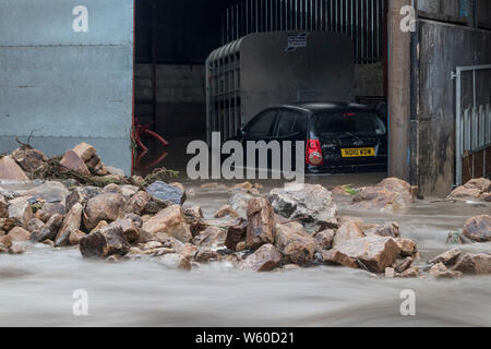 Holme Farm, Arkengarthdale, North Yorkshire Regno Unito. Il 30 luglio 2019. Regno Unito Meteo. Scene di devastazione come pioggia torrenziale provoca inondazioni che hanno attraversato Holme Farm in Arkengarthdale danneggiando edifici e di balayage alcuni animali di distanza. Nella vicina Swaledale un ponte anche crollata. Credito: David Forster/Alamy Live News Foto Stock