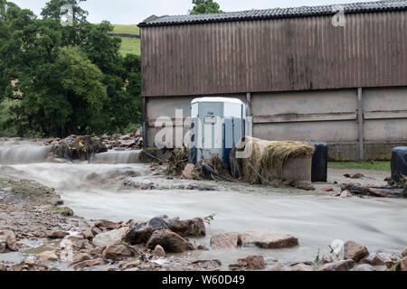 Holme Farm, Arkengarthdale, North Yorkshire Regno Unito. Il 30 luglio 2019. Regno Unito Meteo. Scene di devastazione come pioggia torrenziale provoca inondazioni che hanno attraversato Holme Farm in Arkengarthdale danneggiando edifici e di balayage alcuni animali di distanza. Nella vicina Swaledale un ponte anche crollata. Credito: David Forster/Alamy Live News Foto Stock