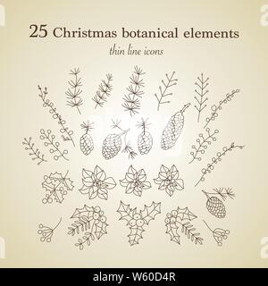 Set di 25 Natale simboli botanici. Linea sottile icone vettoriali. Xmas delineare le illustrazioni. . Illustrazione Vettoriale