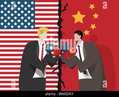 Due persone che indossano i guantoni per combattere , bandiera degli Stati Uniti e la Cina a sfondo. guerra commerciale tra Stati Uniti e Cina concept Illustrazione Vettoriale