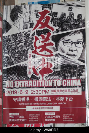 Poster di estradizione contrapposte di Hong Kong alla Cina, oggetto di diffusa dimostrazioni di strada da giugno 2019 ownards Foto Stock