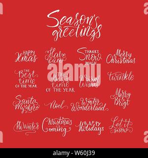 Buon Natale spazzola caratteri tipografici. Scrittura di testo con design inverno handdrawn lettering. Felice anno nuovo lettering set. Il logo del vettore, emblemi, testo design. Utilizzabile per striscioni, biglietti di auguri, donazioni ecc. Illustrazione Vettoriale