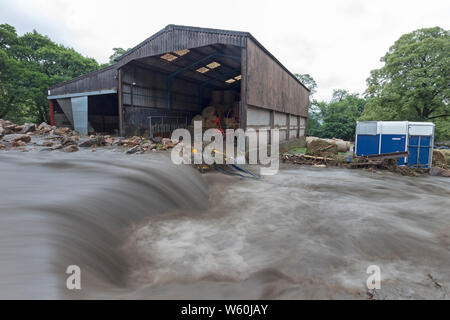 Holme Farm, Arkengarthdale, North Yorkshire Regno Unito. Il 30 luglio 2019. Regno Unito Meteo. Scene di devastazione come pioggia torrenziale provoca inondazioni che hanno attraversato Holme Farm in Arkengarthdale danneggiando edifici e di balayage alcuni animali di distanza. Nella vicina Swaledale un ponte anche crollata. Credito: David Forster/Alamy Live News Foto Stock