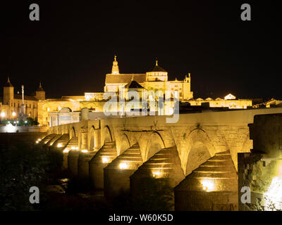 Moschea cattedrale di Cordoba e ponte romano di notte Foto Stock