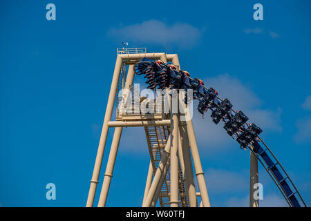 Baia di Tampa, Florida. Luglio 12, 2019. Vista superiore della sorprendente Montu rollercoaster al Busch Gardens. Foto Stock