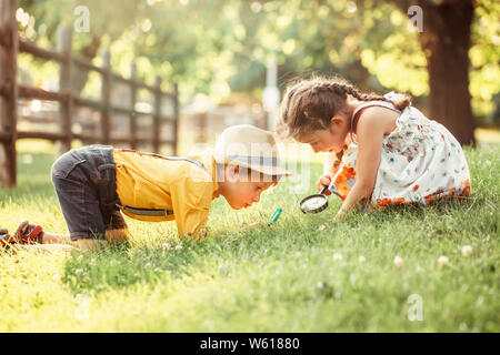 Carino adorabile ragazza caucasica e ragazzo guardando le piante erba nel parco attraverso la lente di ingrandimento. Bambini amici fratelli con loupe studiando l'apprendimento Foto Stock