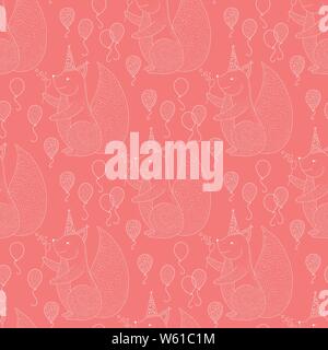 Vettore di compleanno seamless pattern con allegro carino scoiattolo. Carino illustrazione di contorno con palloncini e gli animali su uno sfondo rosso Illustrazione Vettoriale