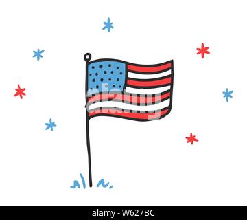 Disegnato a mano stile doodle bandiera degli Stati Uniti con le stelle. Per i bambini il disegno a matita American banner per giorno di indipendenza. Illustrazione Vettoriale