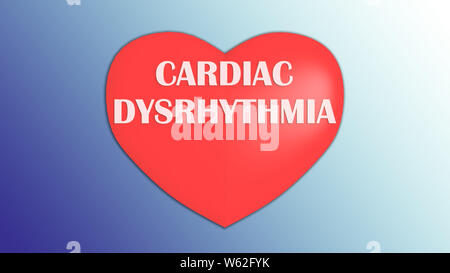 3D illustrazione di CARDIAC DYSRHYTHMIA titolo sul cuore rosso, isolato su gradiente di colore giallo. Foto Stock