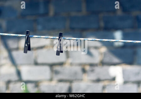 Due in plastica nera con Clothespins Spider Web su Bianco e blu linea di abbigliamento sulla muratura sfocata sullo sfondo. Foto Stock