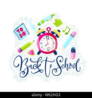 Scuola di vettore scheda con piatto e doodle illustrazioni e disegnati a mano preventivo lettering sveglia Lista da fare, matite e altri materiali di consumo. Torna a schoo Illustrazione Vettoriale