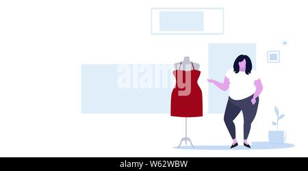 Grasso donna sovrappeso scegliendo nuovo abito in fashion shop over size girl visitando abbigliamento femminile mercato mall shopping boutique schizzo interno pieno Illustrazione Vettoriale