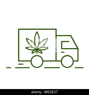 La consegna di marijuana. Illustrazione di una consegna icona del carrello con una foglia di marijuana. Consumo di droga, uso di marijuana. La legalizzazione della marijuana. Vector illus Illustrazione Vettoriale