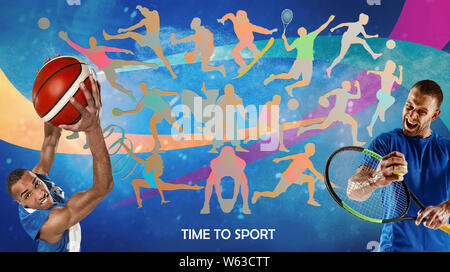 Creative collage di drawned sagome di sportivi. Pubblicità, sport, stile di vita sano, motion, attività, concetto di movimento. American football, calcio, tennis pallavolo badminton scatola di rugby Foto Stock