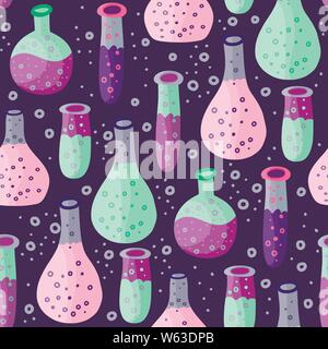 Vettore di Seamless modello di scuola in un appartamento di stile. Ricerca, esperimento provetta illustrazione di laboratorio. Laboratorio di biologia chimica scienza pallone. Illustrazione Vettoriale