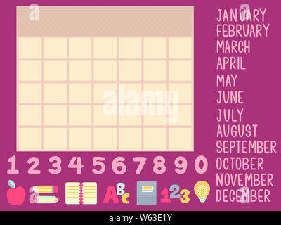 Illustrazione di un modello di calendario con la scuola elementi come matite, Apple, abc e 123 Foto Stock
