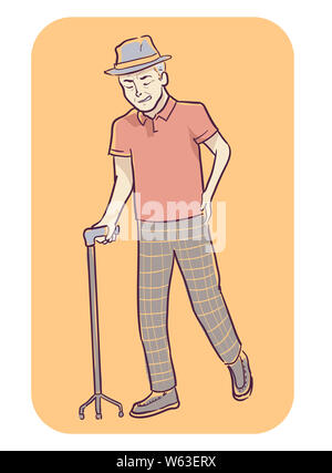 Illustrazione di un anziano uomo con dolori alla parte inferiore della schiena e zoppicante, tenendo una canna da zucchero Foto Stock