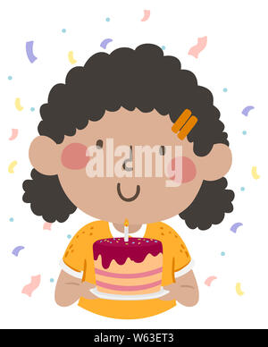 Illustrazione di un afro-americano Kid ragazza sorridente e tenendo una torta con candela accesa Foto Stock