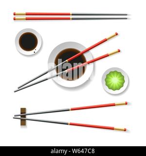 Oriental restaurent bacchette illustrazioni. Mangiare cinese strumenti, frutti di mare ristorante asiatico bacchette immagini, bastoncini di sushi e salsa di vettore di ciotola des Illustrazione Vettoriale