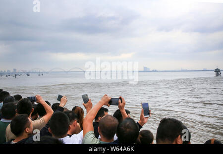 I visitatori e i residenti locali guarda le onde provenienti da una linea di alesaggio di marea del Fiume Qiantang fragoroso oltre il fiume nella città di Hangzhou, a est della Cina di Zhejian Foto Stock