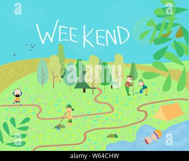 La gente nel parco. Illustrazione Vettoriale di persone aventi un riposo su un picnic in natura. Famiglia attiva weekend nella foresta in riva al lago Illustrazione Vettoriale