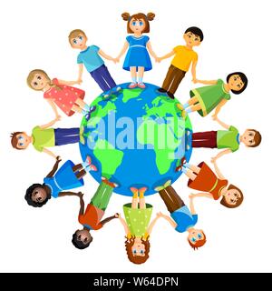 Diversi i bambini in piedi intorno al pianeta terra. Amicizia e relazioni internazionali Illustrazione Vettoriale