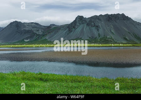 In plastica bianca da insilato avvolte balle di fieno sull'erba verde collina vicino lago in Islanda. Agricoltura in Scandinavia, Europa. Sunny estate meteo, natura bac Foto Stock