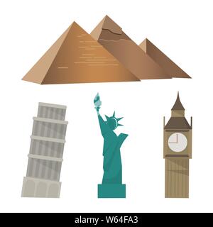 Piramide, la Torre di Pisa, la Statua della Libertà, Big Ben sightseeing impostato Illustrazione Vettoriale