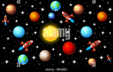 Schema cosmico con la Terra, Marte e Saturno, Luna e Giove, razzi e stelle cadenti. Kids playschool pattern. Perfetto per stampe per bambini Sala giochi. Foto Stock