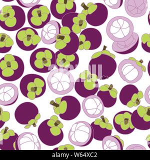 Artistico, dettagliate e colorate disegno Mangosteen Seamless Pattern su sfondo bianco. Disegnate a mano il design di frutta Illustrazione Vettoriale