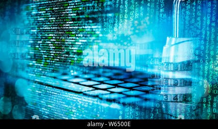 Il codice di programmazione con serratura a combinazione, matrice, computer e abstract background tecnico in blu Foto Stock
