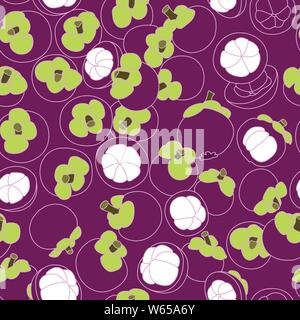 Artistico, dettagliate e colorate disegno Mangosteen Seamless Pattern su sfondo viola. Disegnate a mano il design di frutta Illustrazione Vettoriale