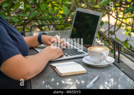 Giovane donna freelancer lavorando su laptop all'aperto Foto Stock