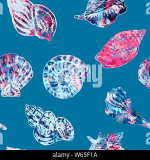 Seashells illustrazione, dipinta a mano colorati acquerelli astratti schizzi, dipinto a mano ad acquarello, illustrazione perfetta design pattern sul turchese Foto Stock
