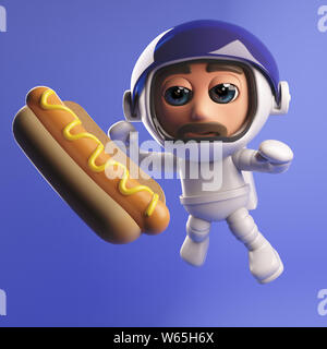 Immagine 3D rappresentata di un astronauta spaceman con hot dog galleggianti in uno spazio 3D Foto Stock