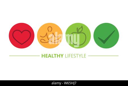 Uno stile di vita sano icone cuore yoga e apple illustrazione vettoriale EPS10 Illustrazione Vettoriale