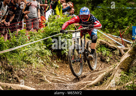 LEOGANG, Austria - 14 giugno 2015. Aaron Gwin (USA) racing per Specialized Racing team a UCI Mountain Bike Downhill Coppa del mondo. Foto Stock