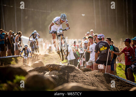 Aprile 13, 2014 - PIETERMARITZBURG, Sud Africa. Nino Schurter saltando al UCI Mountain Bike Cross Country Coppa del mondo. Foto Stock