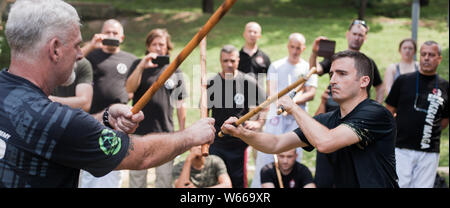 ISTANBUL, Turchia - 30 Maj - Jun 02. 2019. Istruttore Kapap Fabian Garcia dall Argentina, dimostra escrima filippino due mani due stick fighting te Foto Stock