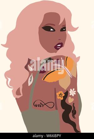 Illustrazione di biracial o multirazziale trendy moda ragazza. donna in pelle marrone avendo divertimento. Concetto di girlpower. Foto Stock