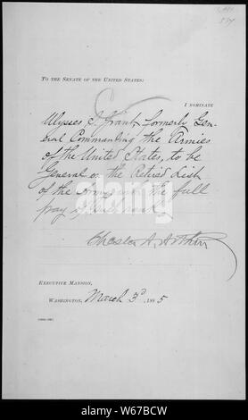 Messaggio del Presidente Chester A. Arthur nominating Ulysses S. Grant ad essere generale sull' elenco dei pensionati dell'esercito, 03/03/1885 Foto Stock